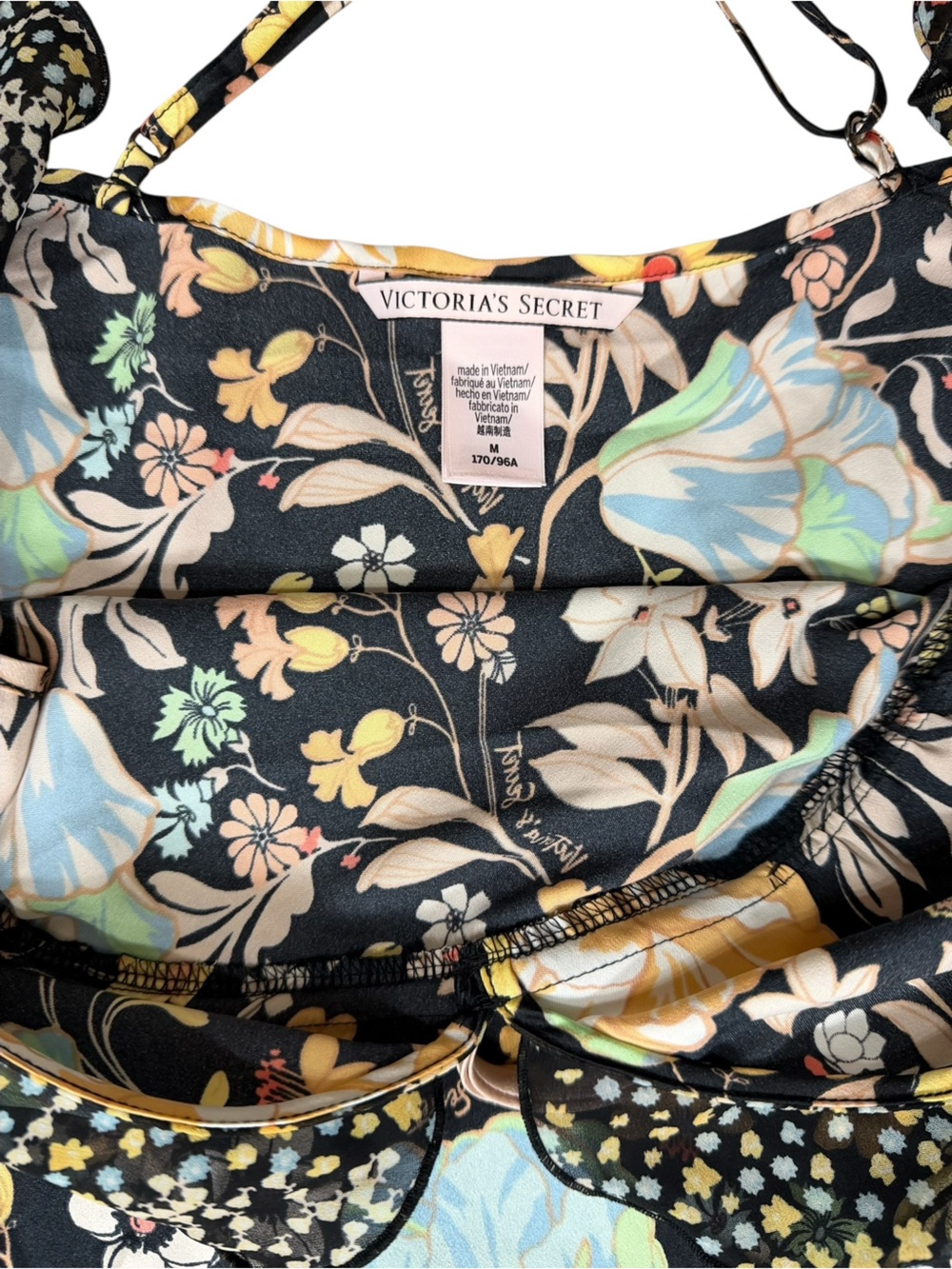 Victoria's Secret Satin Black Floral  with Pastel Blooms Flounce Pajama Set - Picture 6 of 10